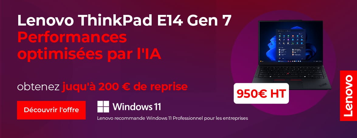 Banniï¿½re promotionnelle Lenovo prï¿½sentant une offre de reprise, avec le logo Lenovo, un visuel dï¿½ordinateur portable, un message indiquant la reprise dï¿½un ancien appareil contre une rï¿½duction, et un bouton pour accï¿½der ï¿½ lï¿½offre Compufirst Revendeur Informatique