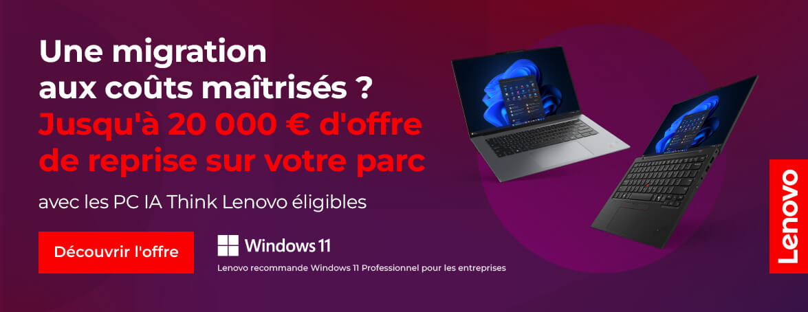 Banniï¿½re promotionnelle Lenovo prï¿½sentant une offre de reprise, avec le logo Lenovo, un visuel dï¿½ordinateur portable, un message indiquant la reprise dï¿½un ancien appareil contre une rï¿½duction, et un bouton pour accï¿½der ï¿½ lï¿½offre Compufirst Revendeur Informatique